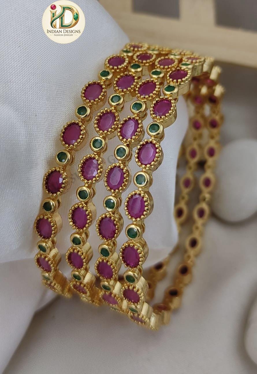 Gold Plated Bangle Set with Ruby and Emerald Stones| Traditional Indian Bridal Bangles| Festive Wear Bangles| Stackable Gold Tone Bracelets