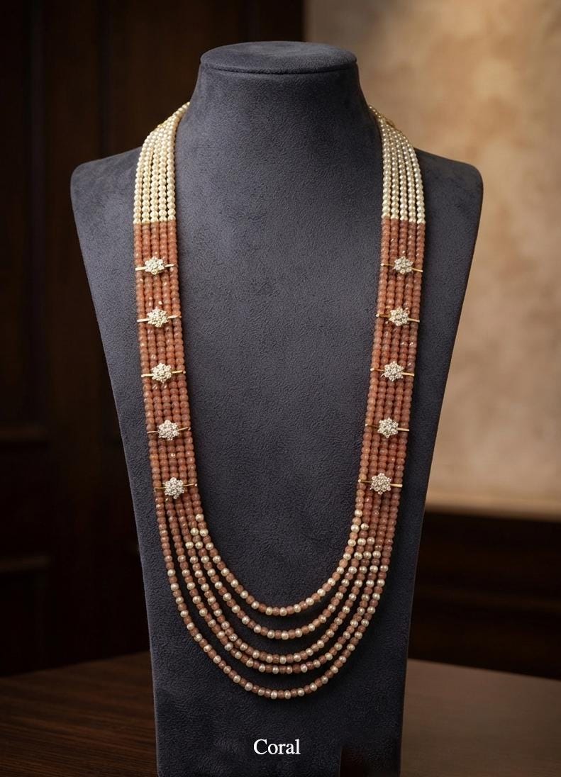 Multi Strand Statement Necklace| Indian Ethnic Beaded Jewelry| Groom Wedding Mala| Long Layered Crystal Pearl Mala|Designer Festive Necklace