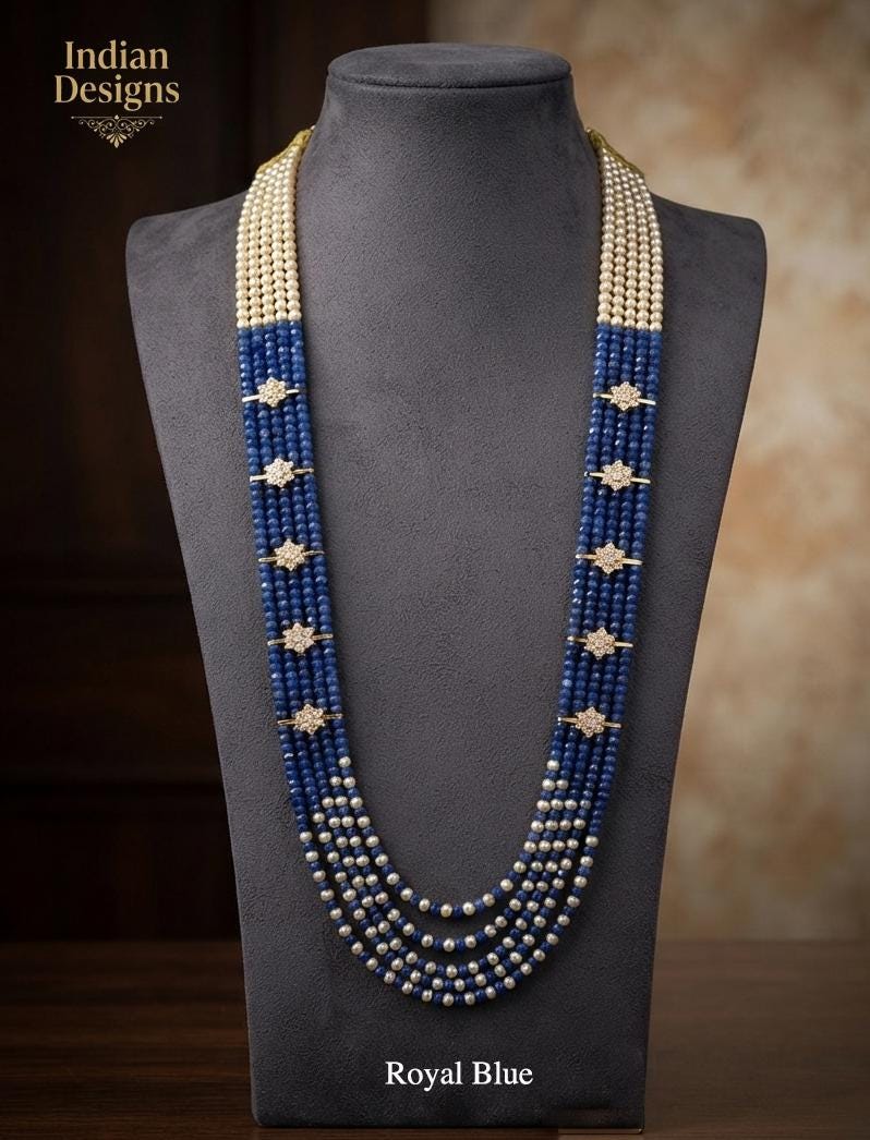Multi Strand Statement Necklace| Indian Ethnic Beaded Jewelry| Groom Wedding Mala| Long Layered Crystal Pearl Mala|Designer Festive Necklace