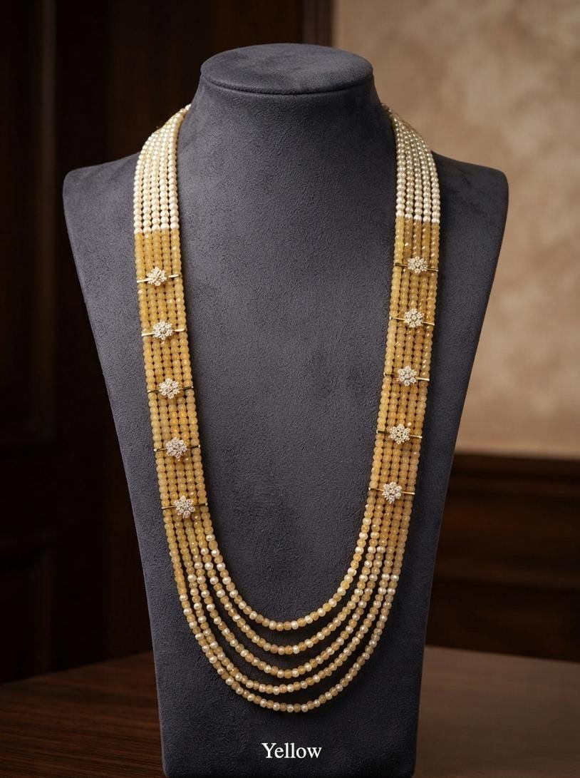 Multi Strand Statement Necklace| Indian Ethnic Beaded Jewelry| Groom Wedding Mala| Long Layered Crystal Pearl Mala|Designer Festive Necklace