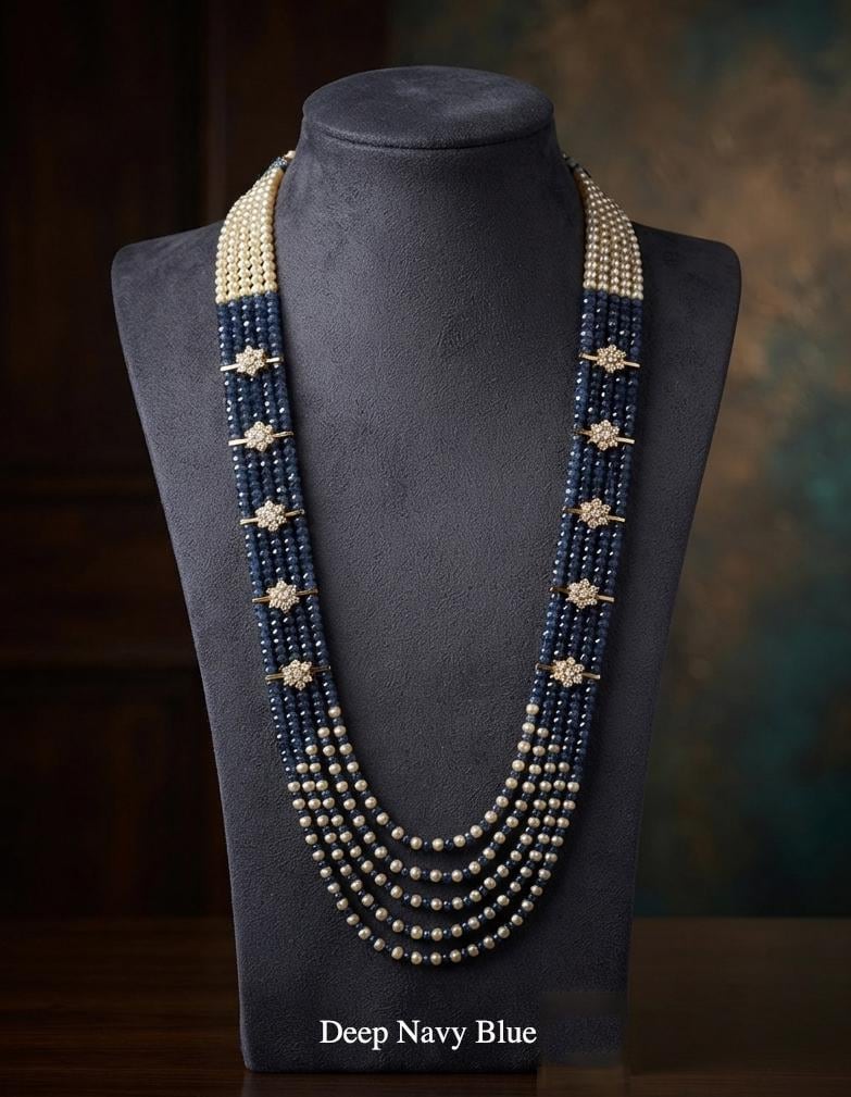Multi Strand Statement Necklace| Indian Ethnic Beaded Jewelry| Groom Wedding Mala| Long Layered Crystal Pearl Mala|Designer Festive Necklace