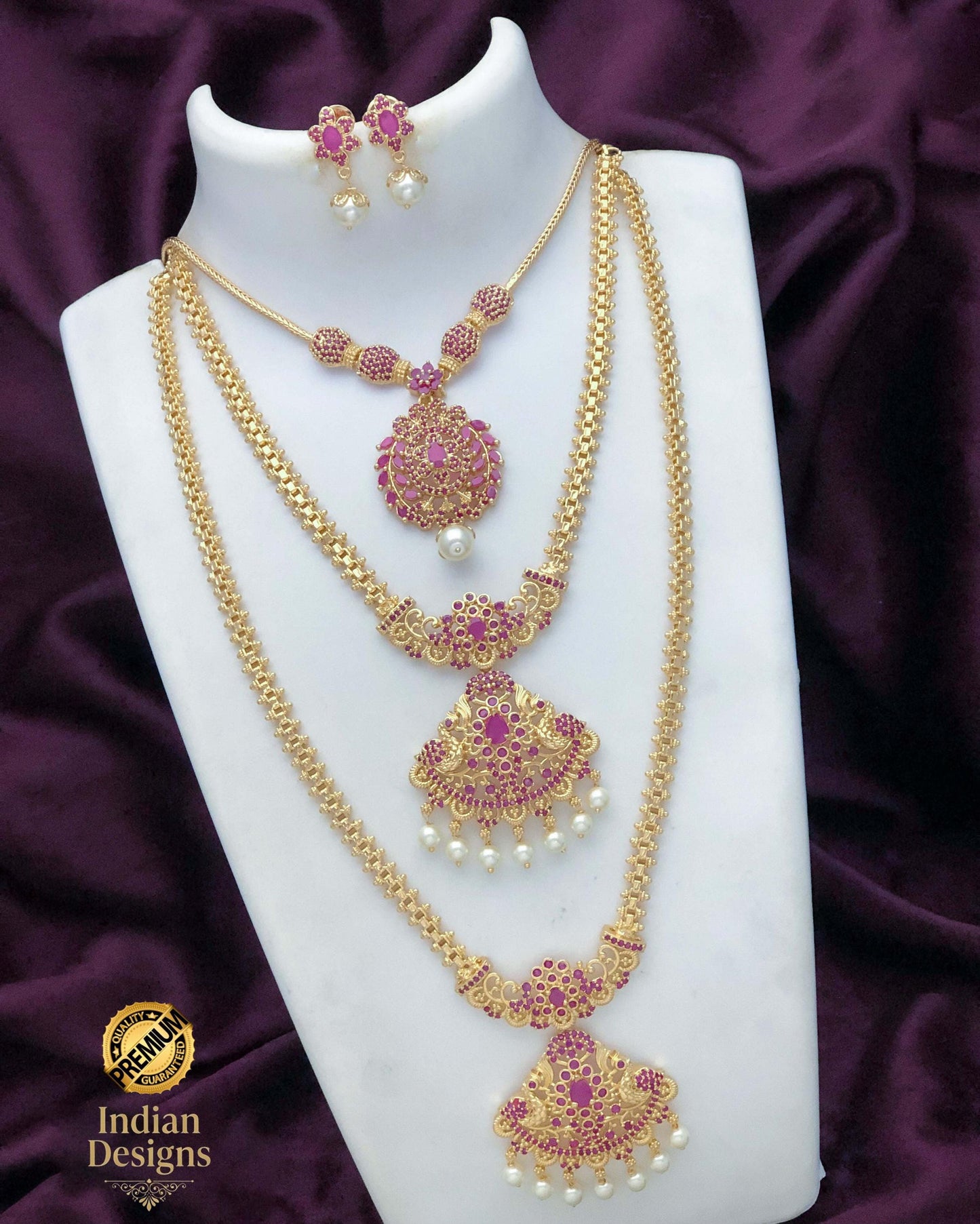 South Indian Temple Jewelry Set| Multi Necklace Combo| Ruby CZ Long Haram| Gold Plated Wedding Bridal Jewelry, Indian Heritage Necklace