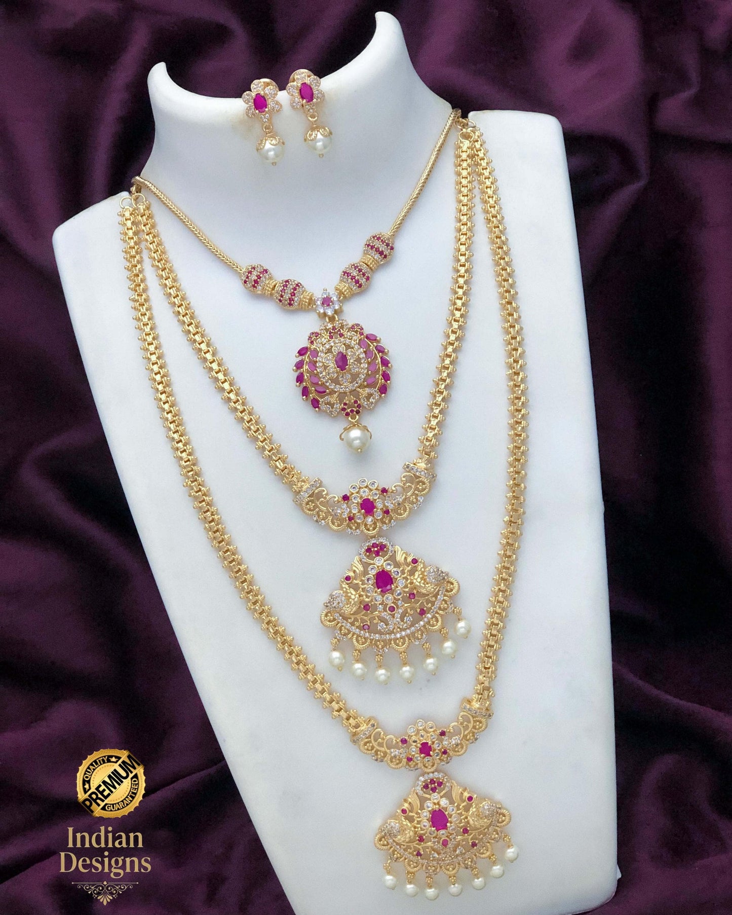 South Indian Temple Jewelry Set| Multi Necklace Combo| Ruby CZ Long Haram| Gold Plated Wedding Bridal Jewelry, Indian Heritage Necklace