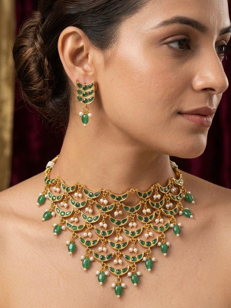 Antique Gold Kemp stoneChoker Necklace Set with Earrings| South Indian Bridal Jewelry| Kundan Crescent Choker Necklace Set|gift for her