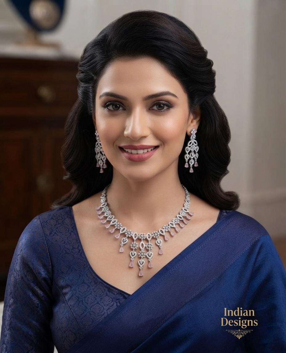 American Diamond Necklace Set with Earrings| Pink & Aqua Teardrop Bridal Jewelry| Rhodium Plated Chandelier Wedding Choker | Gift for her