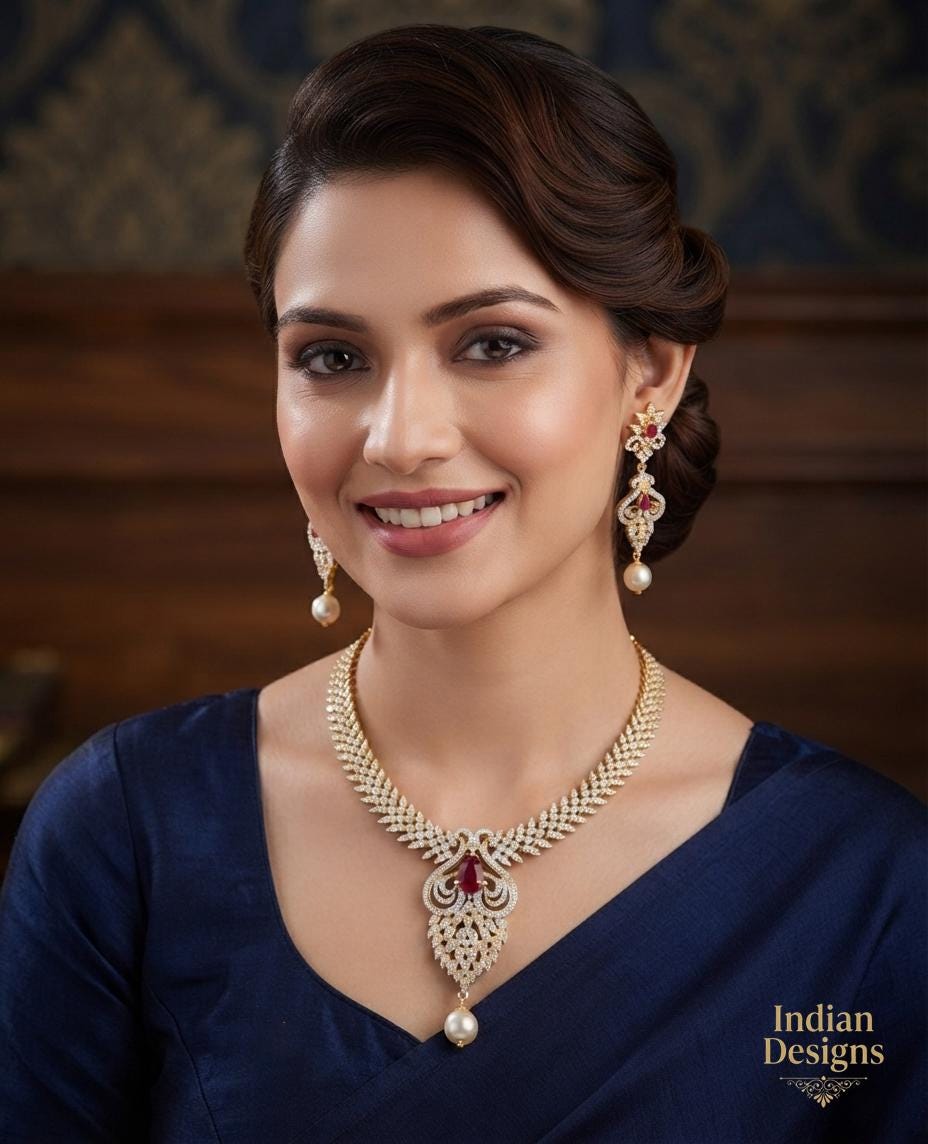 CZ Necklace and Earring Set with Ruby Stone and Pearl Drop| Statement Jewelry| American Diamond Necklace set| AD stone necklace|Gift for her