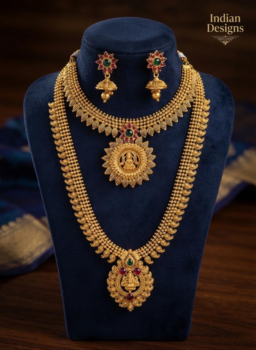 Traditional South Indian Temple Jewelry Necklace Combo| 2-Piece Long & Short Lakshmi Haram Set| Antique Gold Set| Gift for Her