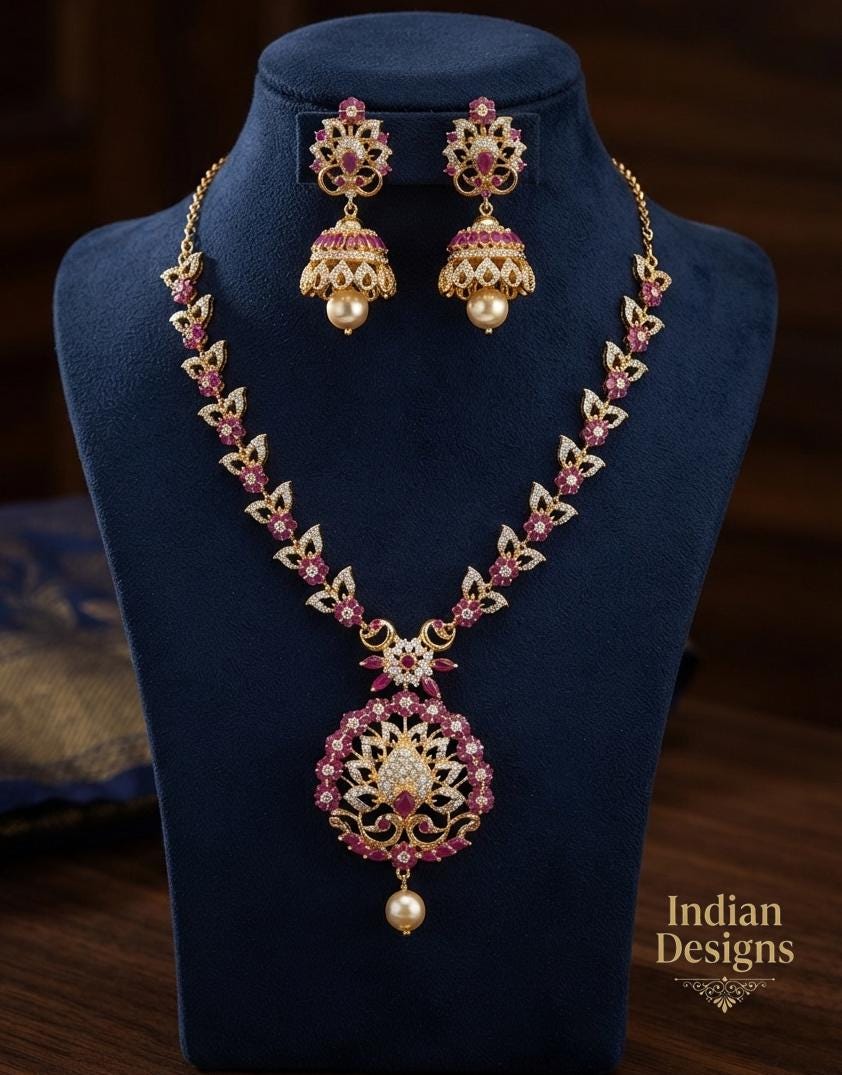 Pink Gold Necklace Jhumka Earrings| AD Stone Ruby Necklace| Indian Wedding Jewelry| South Asian Bridal Gift| Ruby Pearl Peacock Necklace