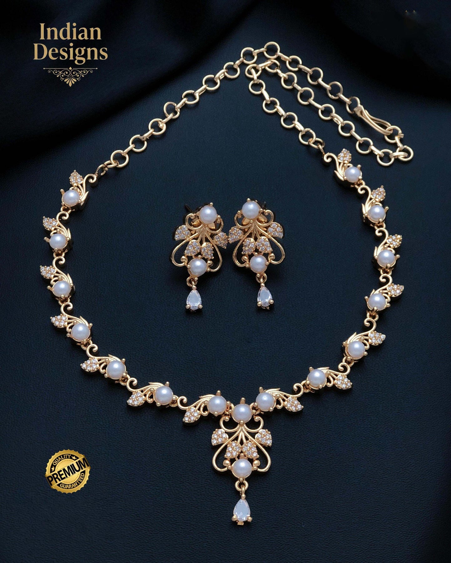 Gold Plated CZ Stone Floral Necklace Earring Set| Dainty Indian Jewelry| Statement choker set| Gift for her