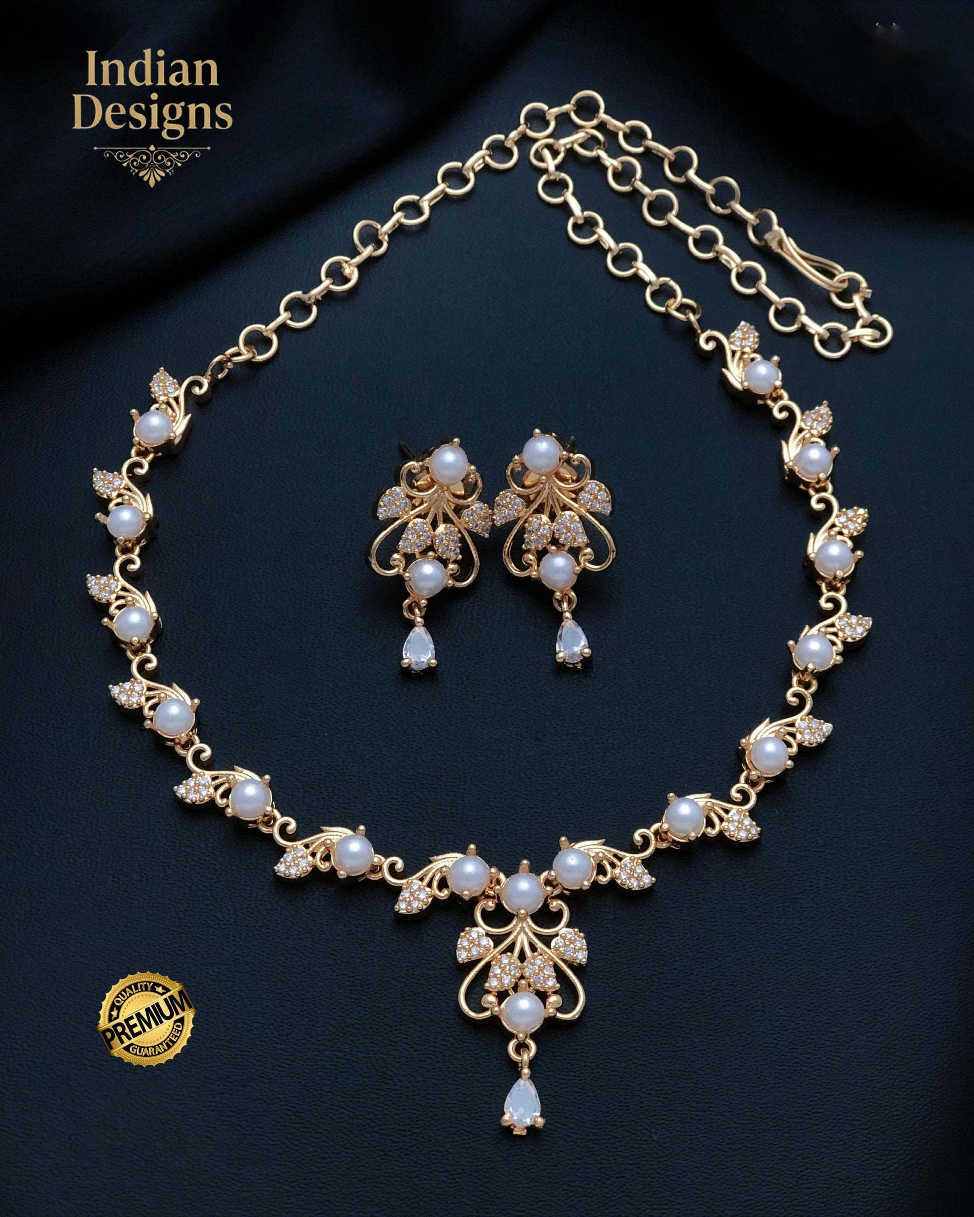Gold Plated CZ Stone Floral Necklace Earring Set| Dainty Indian Jewelry| Statement choker set| Gift for her