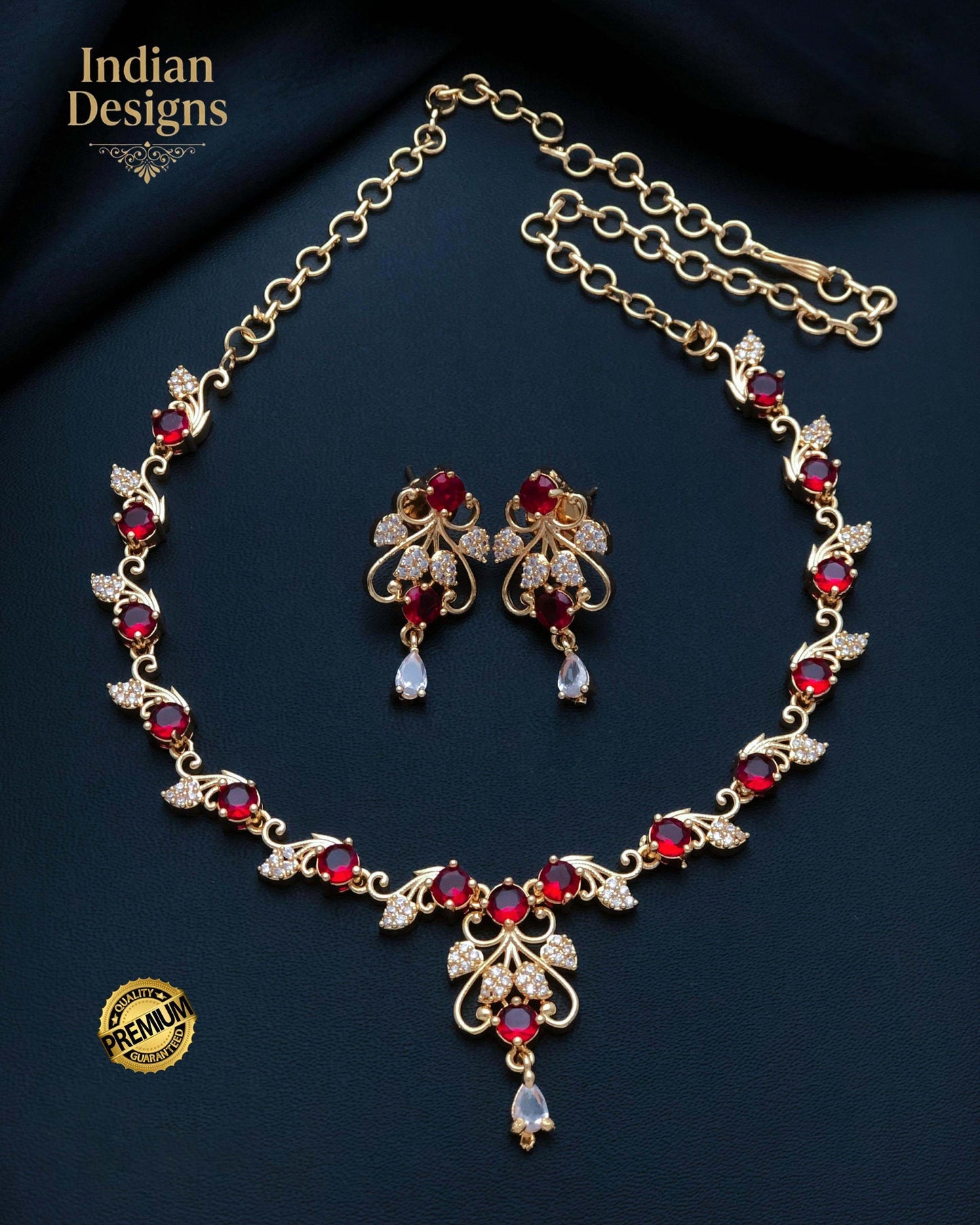 Gold Plated CZ Stone Floral Necklace Earring Set| Dainty Indian Jewelry| Statement choker set| Gift for her