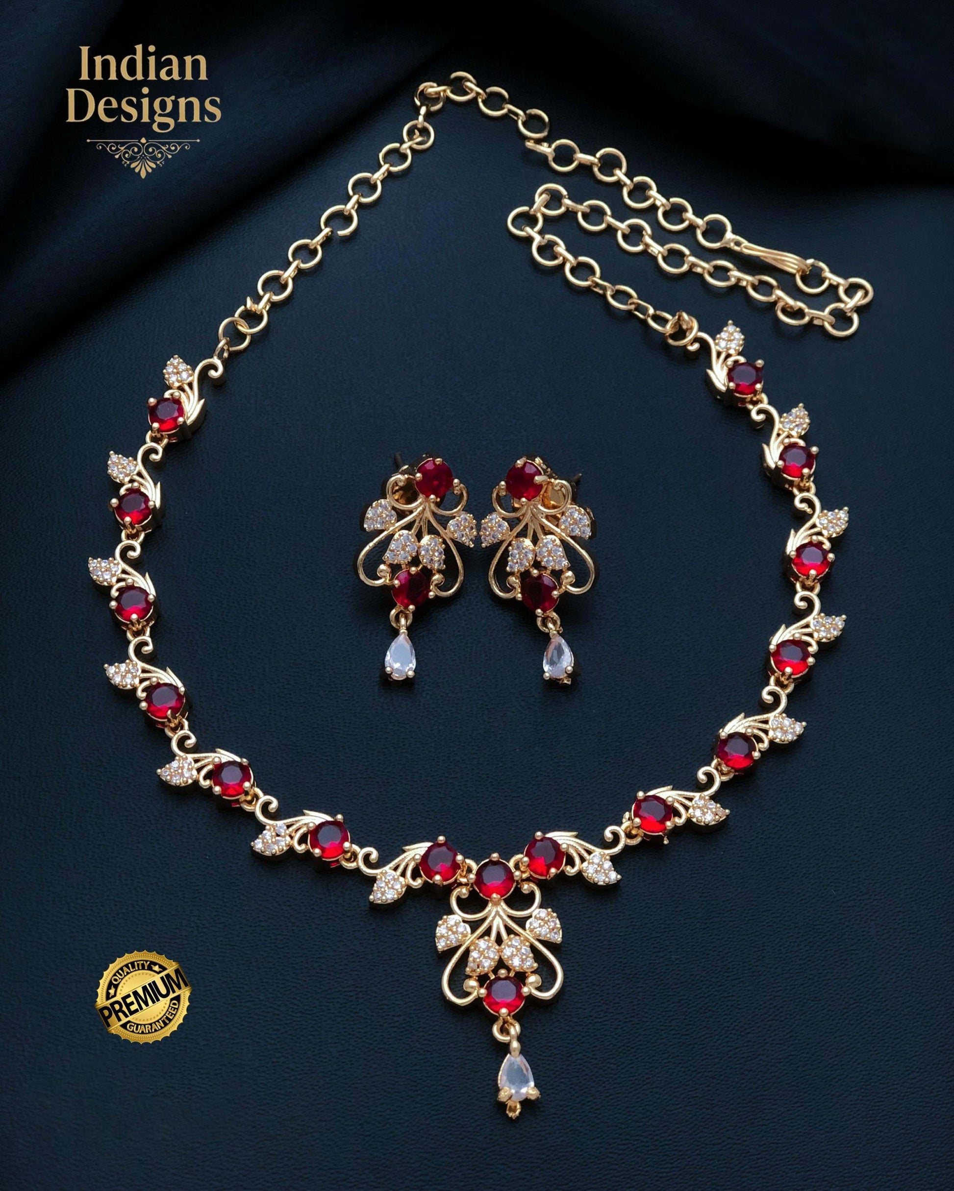Gold Plated CZ Stone Floral Necklace Earring Set| Dainty Indian Jewelry| Statement choker set| Gift for her
