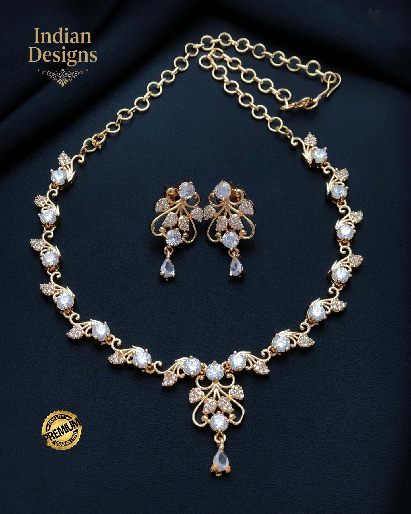Gold Plated CZ Stone Floral Necklace Earring Set| Dainty Indian Jewelry| Statement choker set| Gift for her