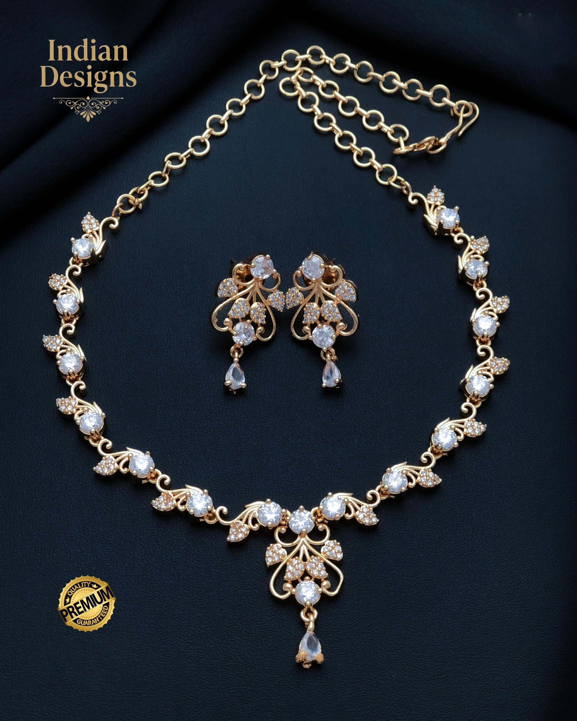 Gold Plated CZ Stone Floral Necklace Earring Set| Dainty Indian Jewelry| Statement choker set| Gift for her