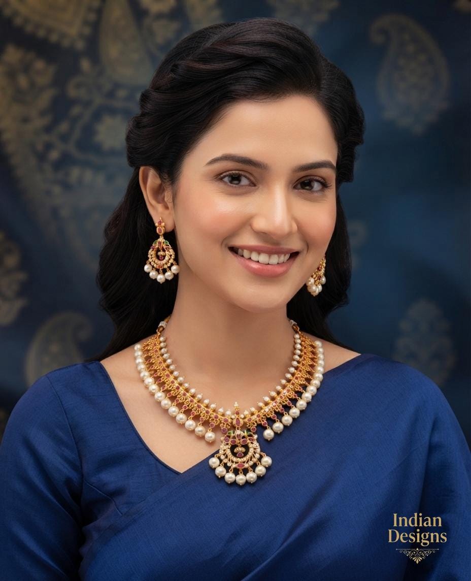 South Indian Bridal Necklace| Ruby Green AD Stone Gold Plated Necklace| Temple Style Necklace| Ethnic Necklace Set| Traditional necklace