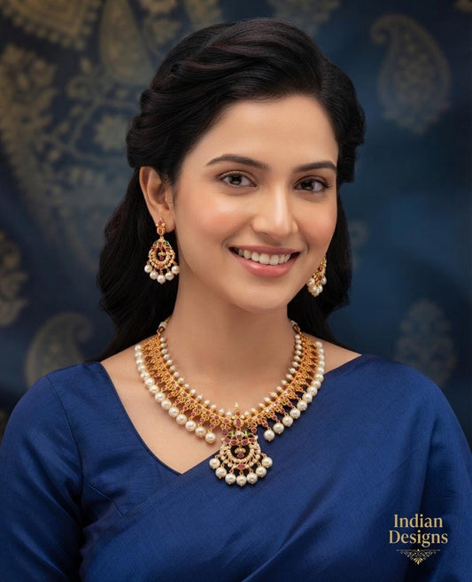South Indian Bridal Necklace| Ruby Green AD Stone Gold Plated Necklace| Temple Style Necklace| Ethnic Necklace Set| Traditional necklace