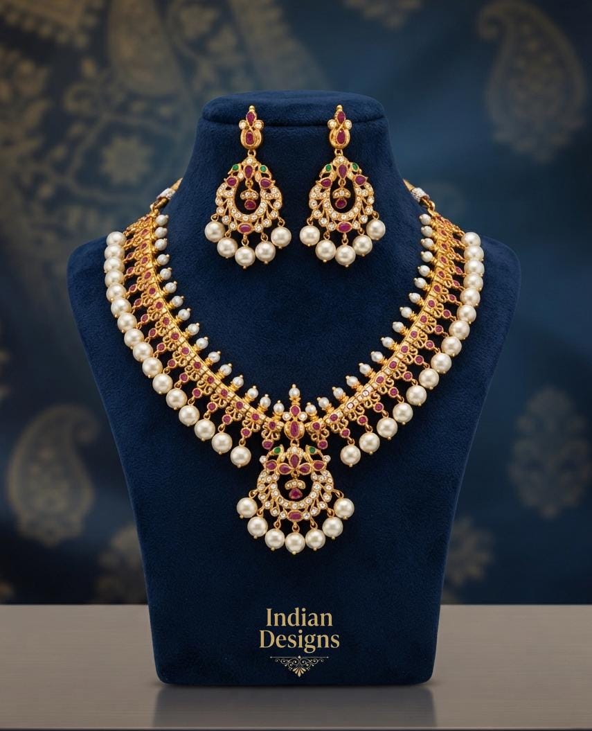 South Indian Bridal Necklace| Ruby Green AD Stone Gold Plated Necklace| Temple Style Necklace| Ethnic Necklace Set| Traditional necklace