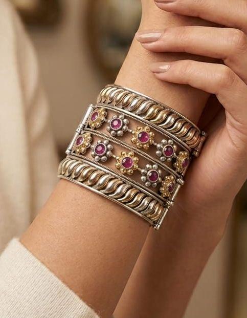Wide Statement Cuff Bracelet| Multi stone Flower Cuff| Statement Bangle| Dual tone Antique Silver & Gold Finish| Bohemian Gift for Women