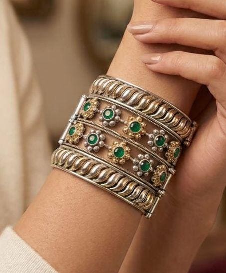 Wide Statement Cuff Bracelet| Multi stone Flower Cuff| Statement Bangle| Dual tone Antique Silver & Gold Finish| Bohemian Gift for Women