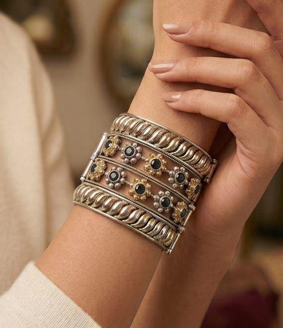Wide Statement Cuff Bracelet| Multi stone Flower Cuff| Statement Bangle| Dual tone Antique Silver & Gold Finish| Bohemian Gift for Women