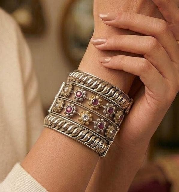 Wide Statement Cuff Bracelet| Multi stone Flower Cuff| Statement Bangle| Dual tone Antique Silver & Gold Finish| Bohemian Gift for Women
