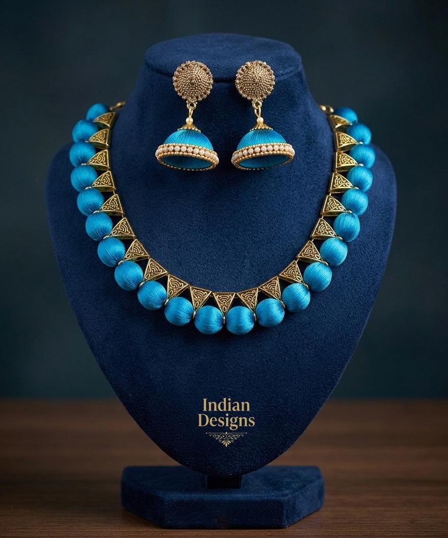 Handmade Silk Thread Necklace Set| Traditional Indian Jewelry| Silk Thread Jhumka Earrings| Ethnic Statement Choker| Party Wear Jewelry