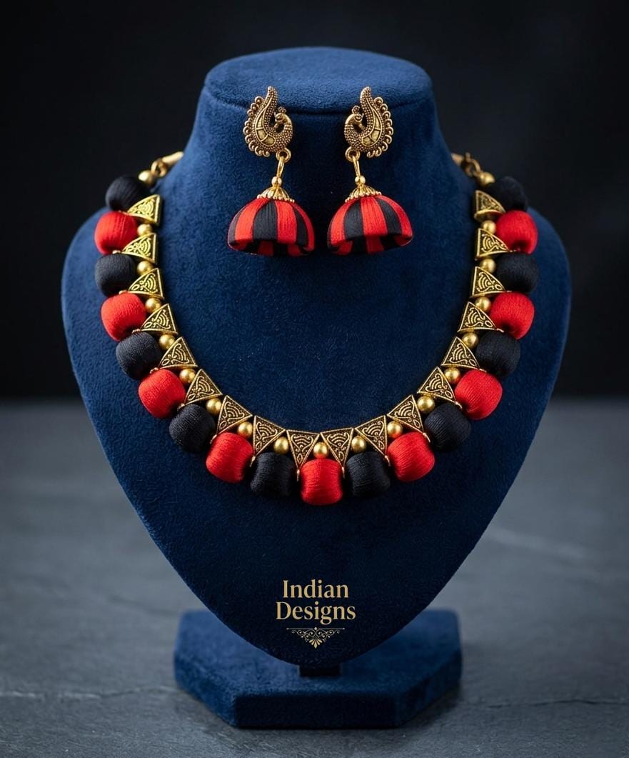 Handmade Silk Thread Necklace Set| Traditional Indian Jewelry| Silk Thread Jhumka Earrings| Ethnic Statement Choker| Party Wear Jewelry