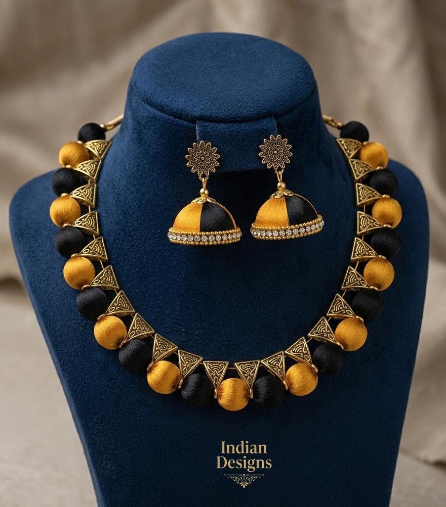 Handmade Silk Thread Necklace Set| Traditional Indian Jewelry| Silk Thread Jhumka Earrings| Ethnic Statement Choker| Party Wear Jewelry