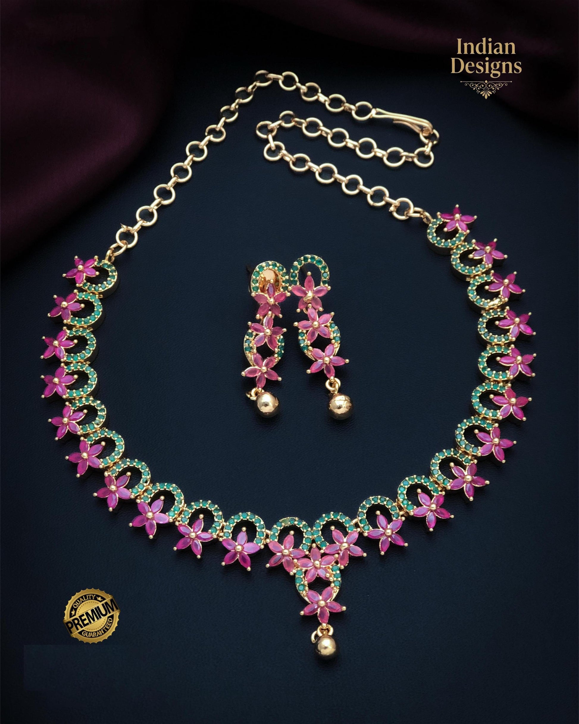 22k Gold Plated American Diamond Necklace with Green and Pink stones|Indian jewelry sets|Ruby & Emerald necklace Floral designs|Gift for her