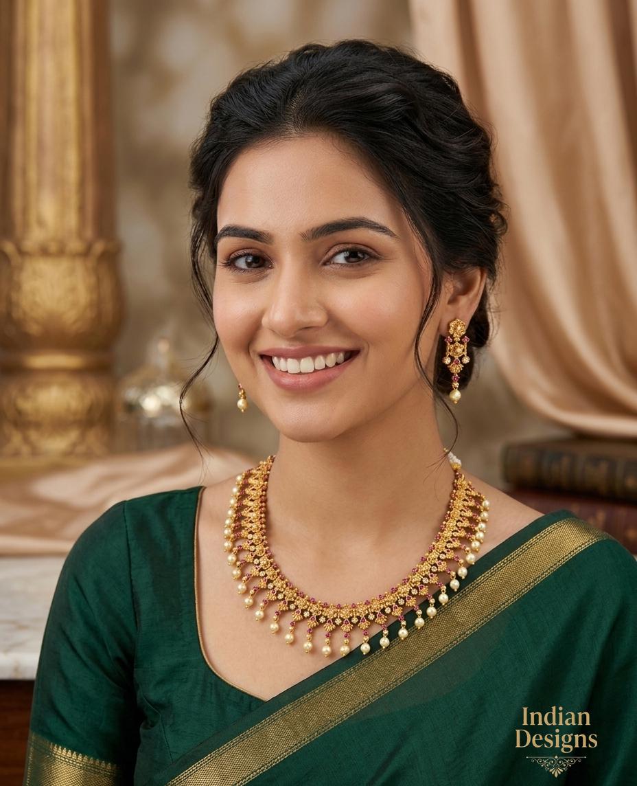 Antique Gold Pearl Drop Necklace Set| Indian Temple Jewelry| Ruby Pink Stone Choker with Matching Earrings| South Indian Bridal Wedding set
