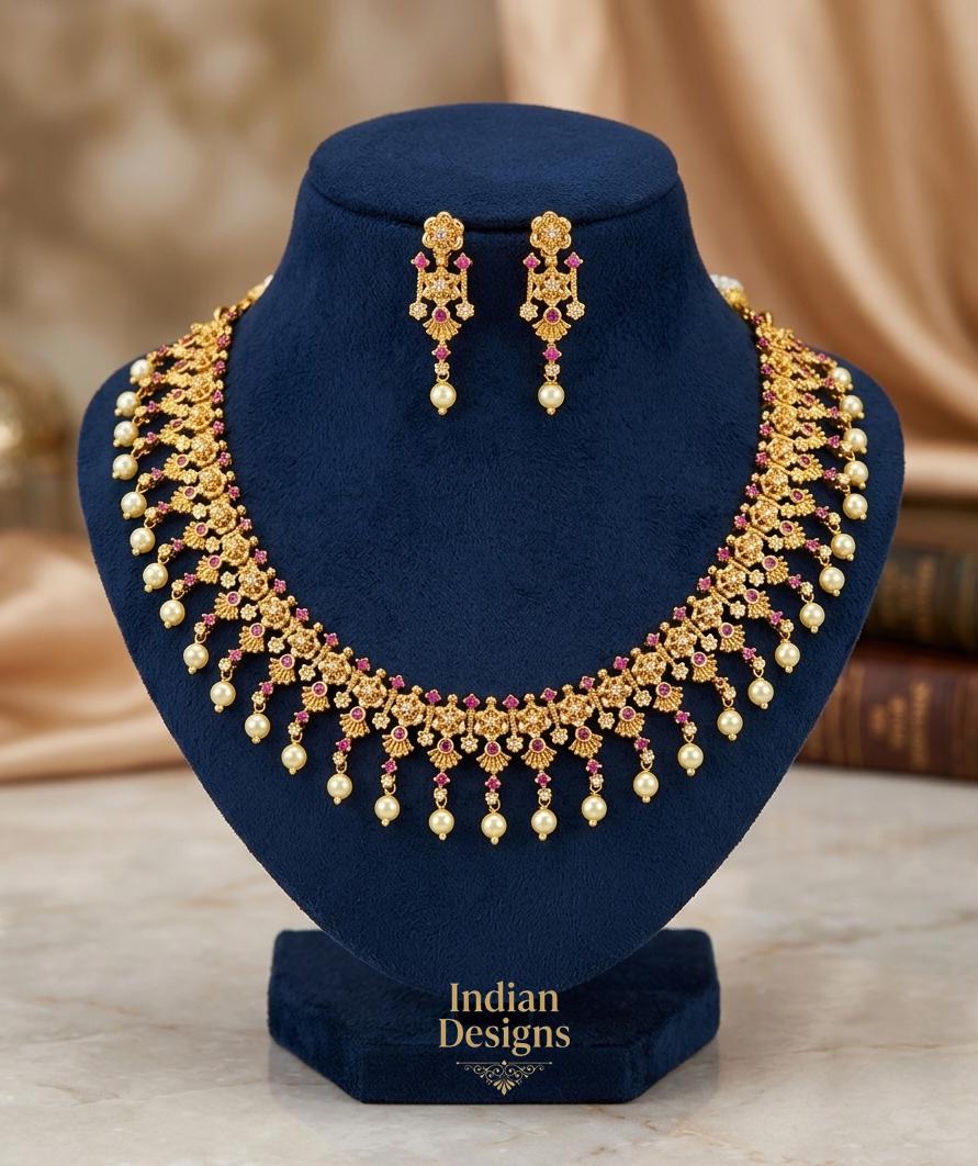 Antique Gold Pearl Drop Necklace Set| Indian Temple Jewelry| Ruby Pink Stone Choker with Matching Earrings| South Indian Bridal Wedding set