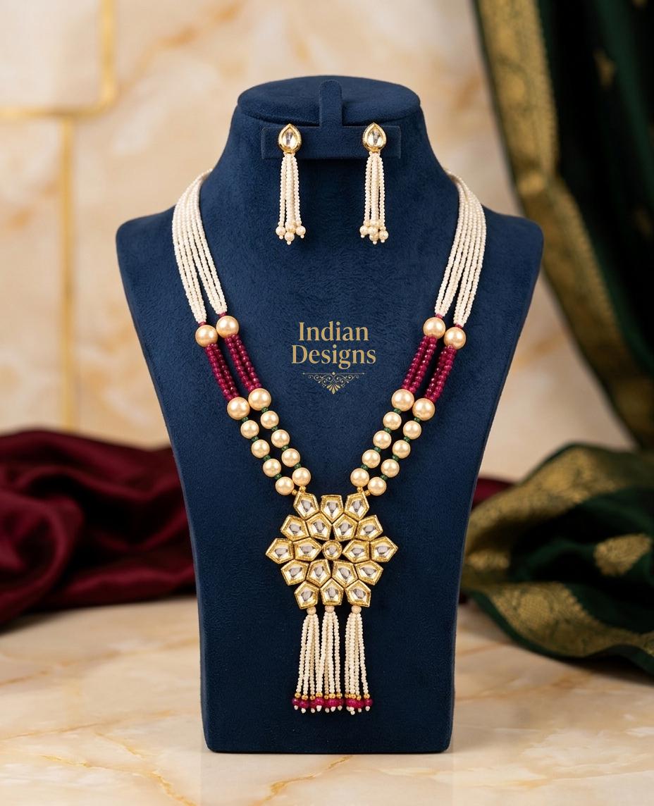 Kundan Pearl Long Rani Haar Necklace Set with Matching Tassel Earrings| Indian Bridal Wedding Jewelry| Multi-Strand Ruby Red Beaded Necklace
