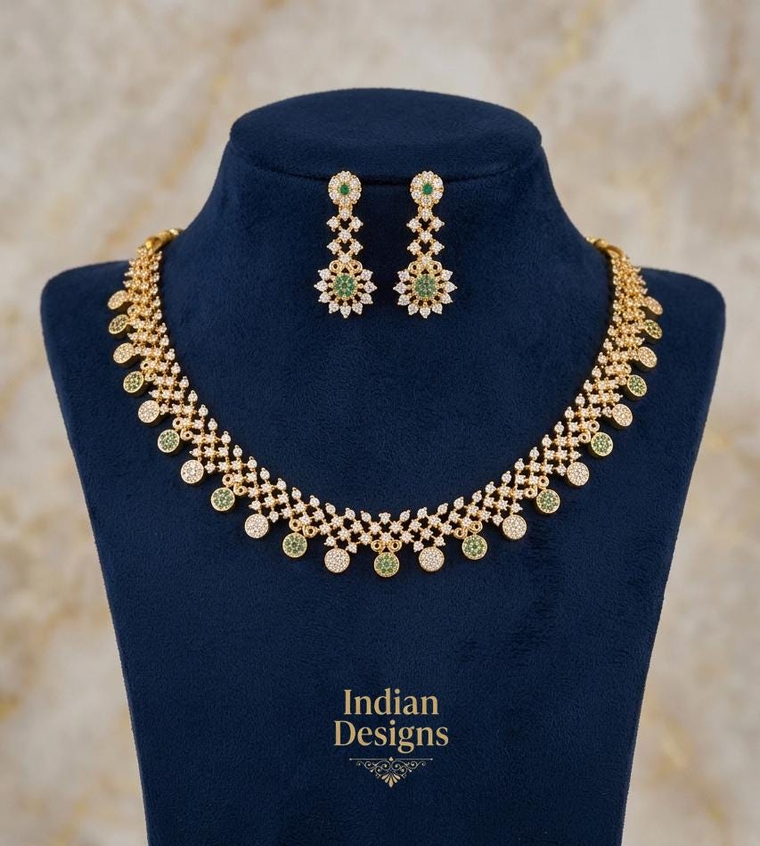 Indian CZ Necklace and Earring Set| Gold Plated South Indian Bridal Jewelry| Emerald Ruby Floral Collar Necklace, Bollywood Wedding Jewelry