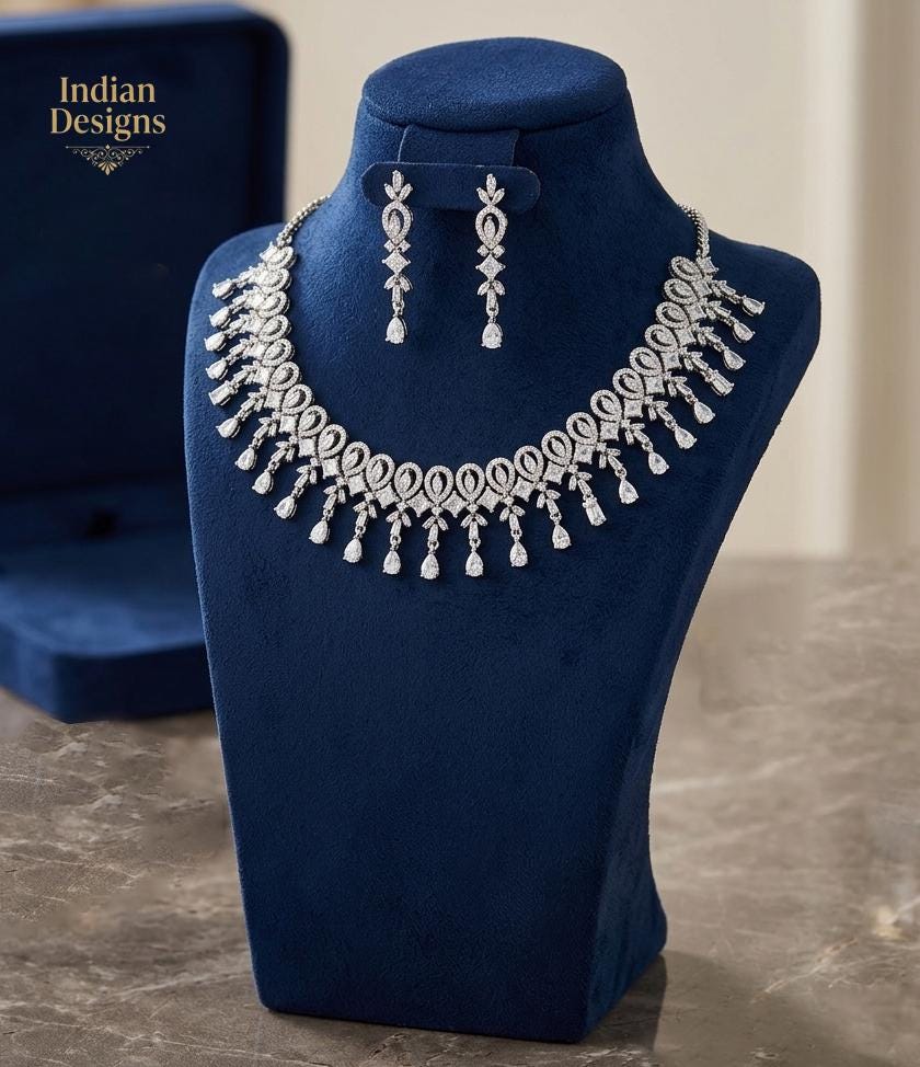 CZ Diamond Choker Necklace Set| Rhodium Plated Bridal Jewelry Set| Pear Cut Dangle Drop Earrings| Formal Evening Statement Necklace Set