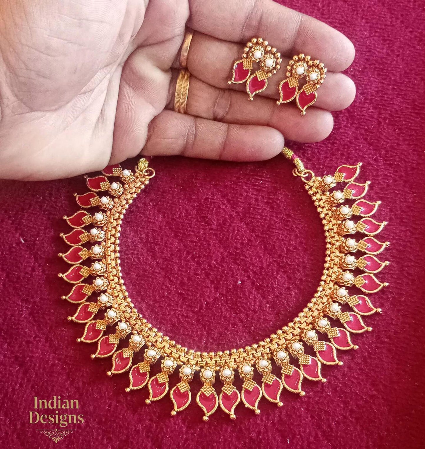 South Indian Temple Mango Necklace Set with Stud Earrings| Traditional Kerala Choker| Matte Gold Plated Jewelry, Traditional Festive Wear