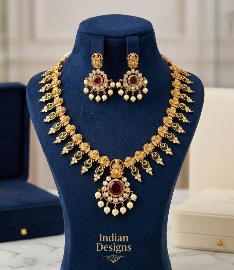 Temple Jewelry Set| Gold Plated Kemp Stone and Pearl Necklace Set| Traditional South Indian Bridal Jewelry| Goddess Lakshmi Haram