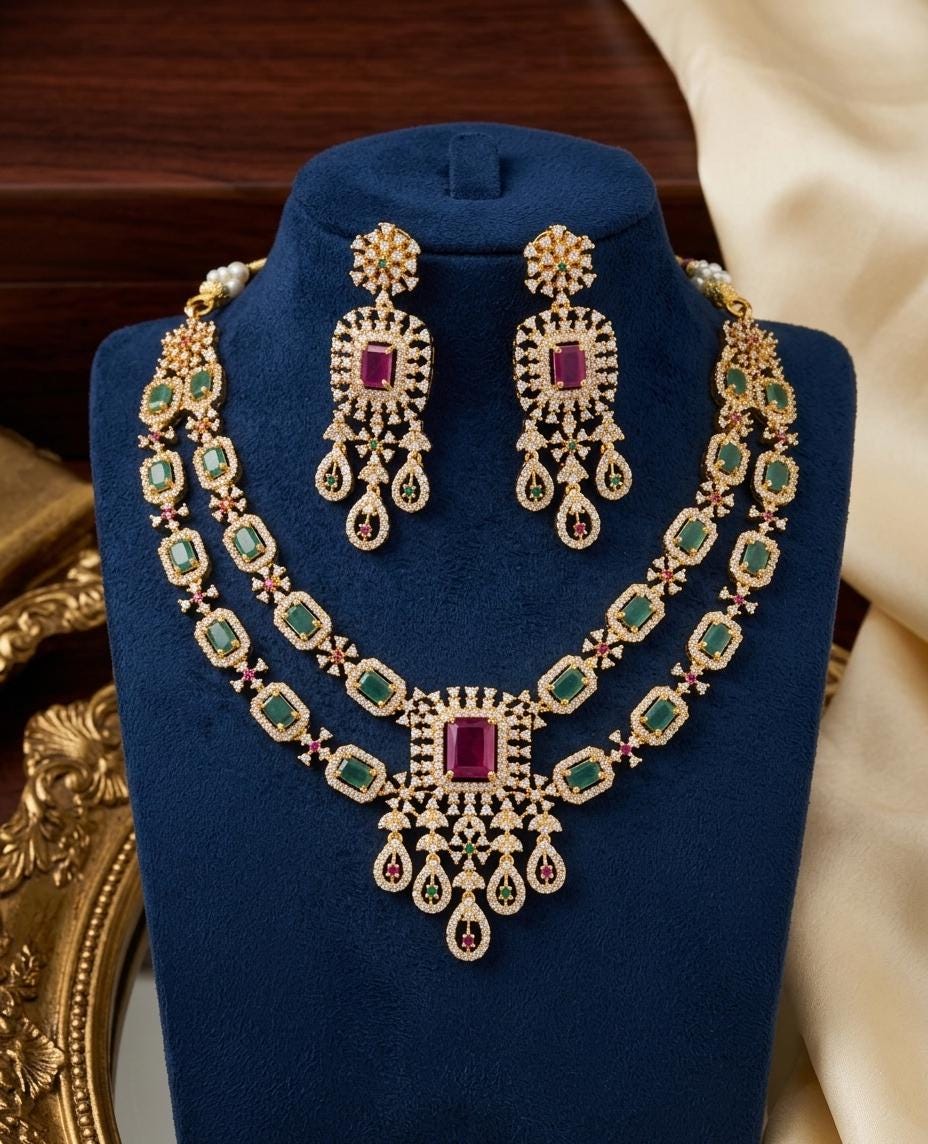 Ruby Pink AD stone Bridal Necklace Set| Two layer American Diamond necklace| Indian Wedding jewelry set| Gift for her