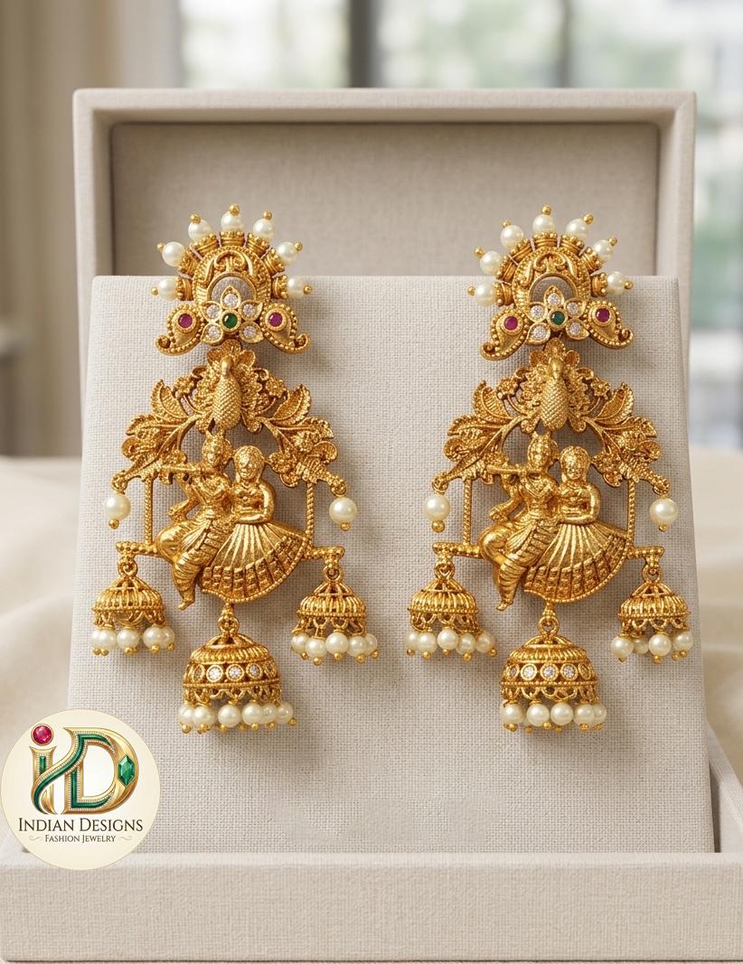 Radha Krishna Jhula Jhumka Earrings| South Indian Temple Jewelry| Antique Gold Plated Jhumkas| Traditional Bridal Earrings| Gift for her