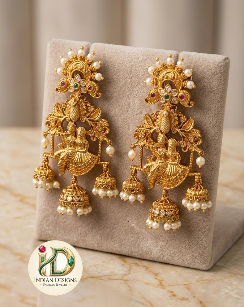Radha Krishna Jhula Jhumka Earrings| South Indian Temple Jewelry| Antique Gold Plated Jhumkas| Traditional Bridal Earrings| Gift for her
