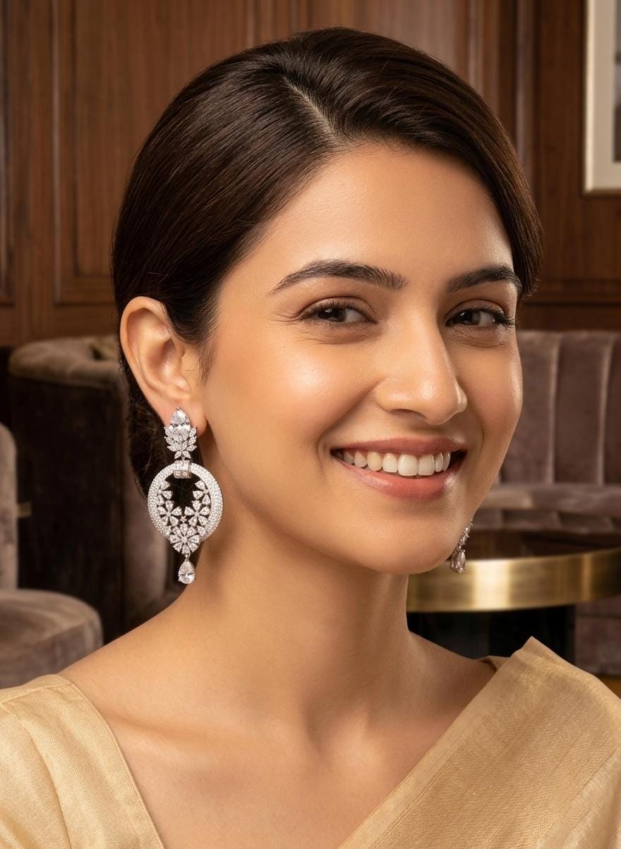 American Diamond Statement Earrings| Diamond Look CZ Bridal Earrings| Silver Floral Chandelier Drops| Indian Wedding Jewelry|Gift for Her