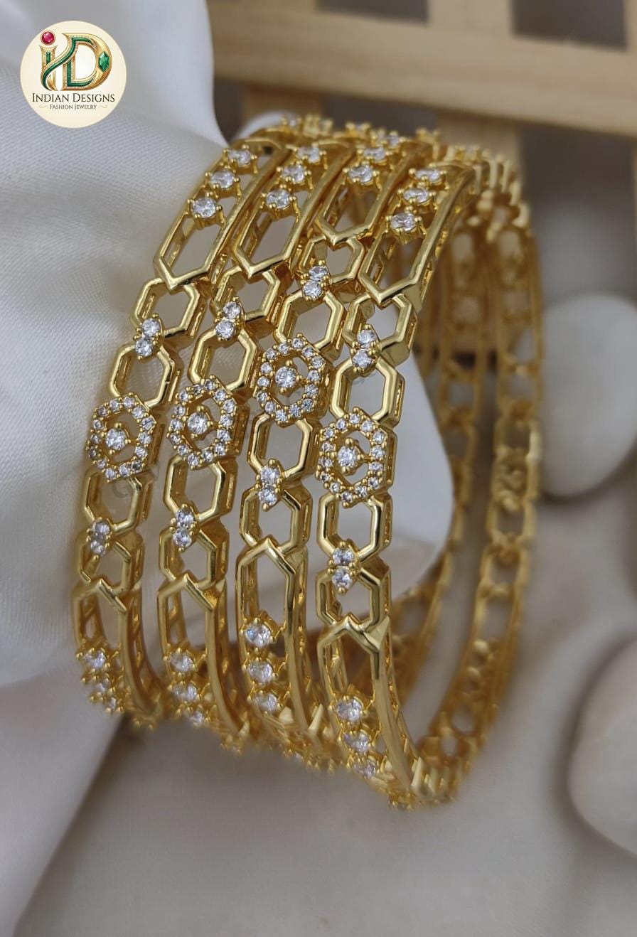 Gold Plated CZ Bangles Set of 4| Geometric Indian Bollywood Diamond Kangan| Honeycomb Openwork Kada Bracelet| Bridal Wedding Gift for her