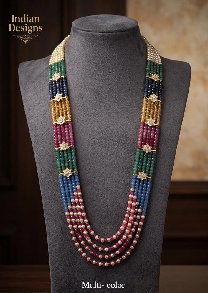 Multi Strand Statement Necklace| Indian Ethnic Beaded Jewelry| Groom Wedding Mala| Long Layered Crystal Pearl Mala|Designer Festive Necklace