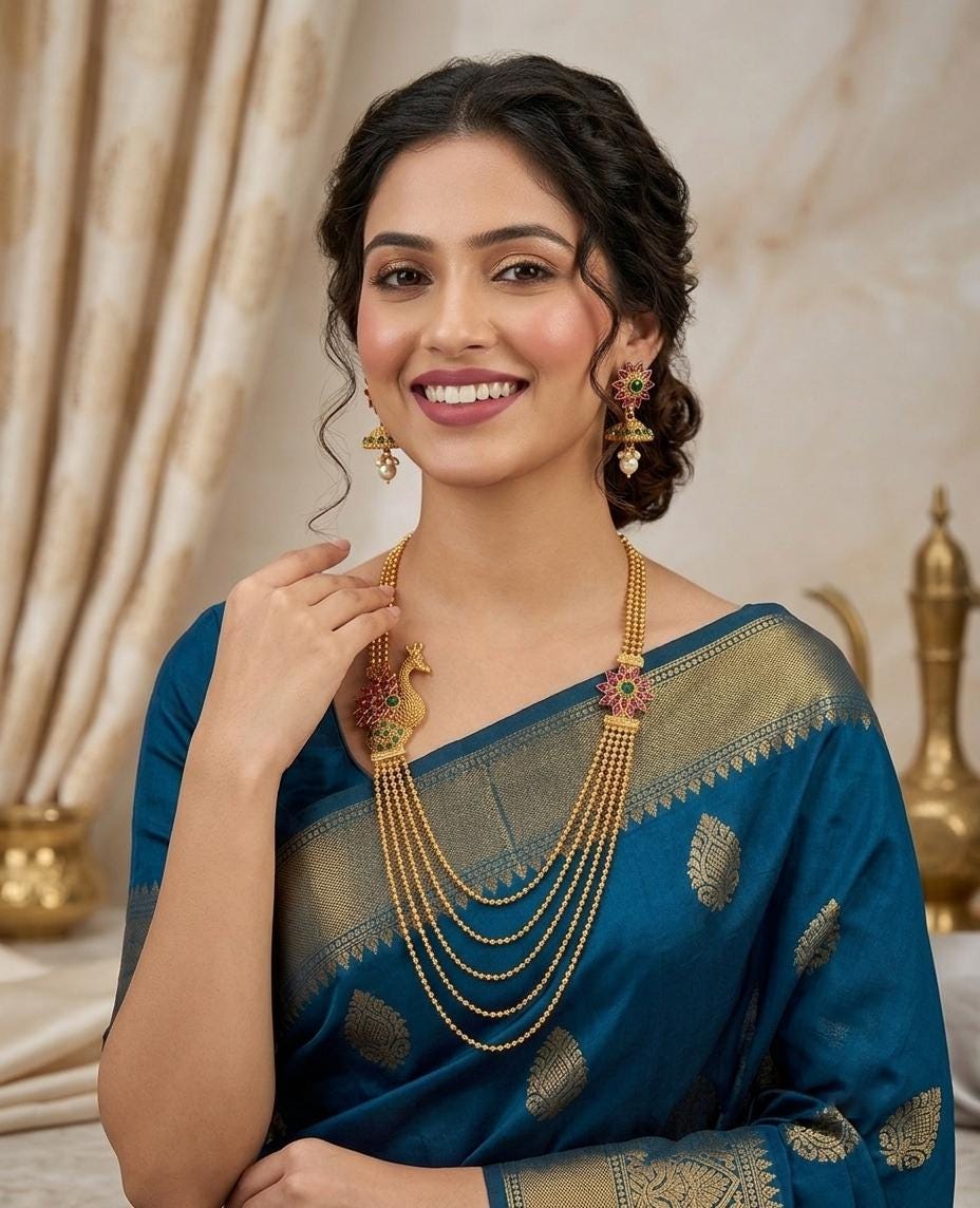 South Indian Bridal Jewelry| Matte Gold Peacock Rani Haar| Multi Layer Beaded Chain Necklace with Floral Jhumka Earrings| Temple Jewelry Set