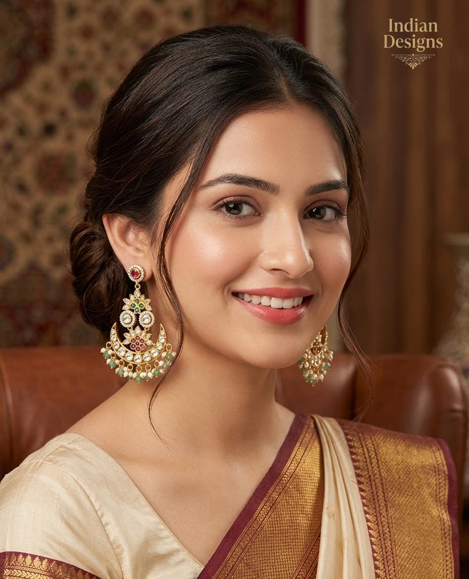 Kundan Chaandbali Earrings| Indian Bridal Pearl Drop Earrings| Gold Plated Statement Dangle| Festive Ethnic Wedding Jewelry| Gift for Her