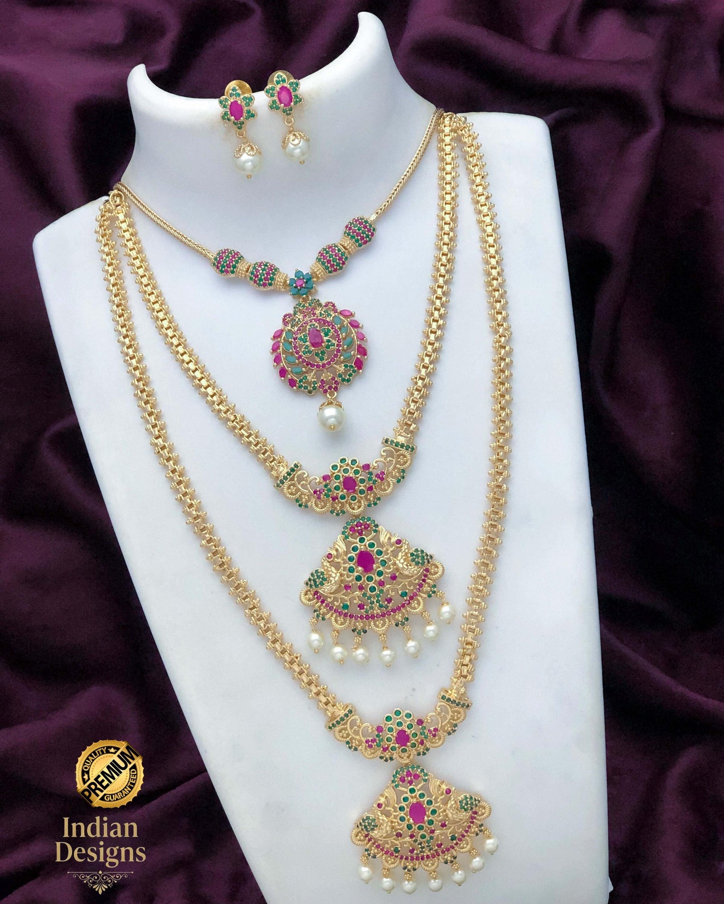 South Indian Temple Jewelry Set| Multi Necklace Combo| Ruby CZ Long Haram| Gold Plated Wedding Bridal Jewelry, Indian Heritage Necklace