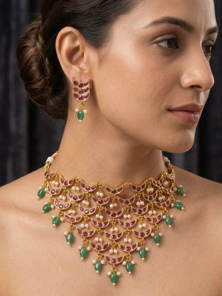 Antique Gold Kemp stoneChoker Necklace Set with Earrings| South Indian Bridal Jewelry| Kundan Crescent Choker Necklace Set|gift for her