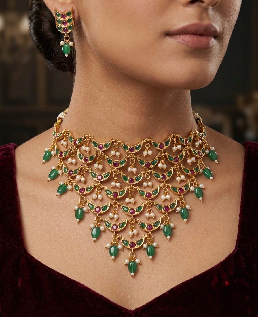 Antique Gold Kemp stoneChoker Necklace Set with Earrings| South Indian Bridal Jewelry| Kundan Crescent Choker Necklace Set|gift for her
