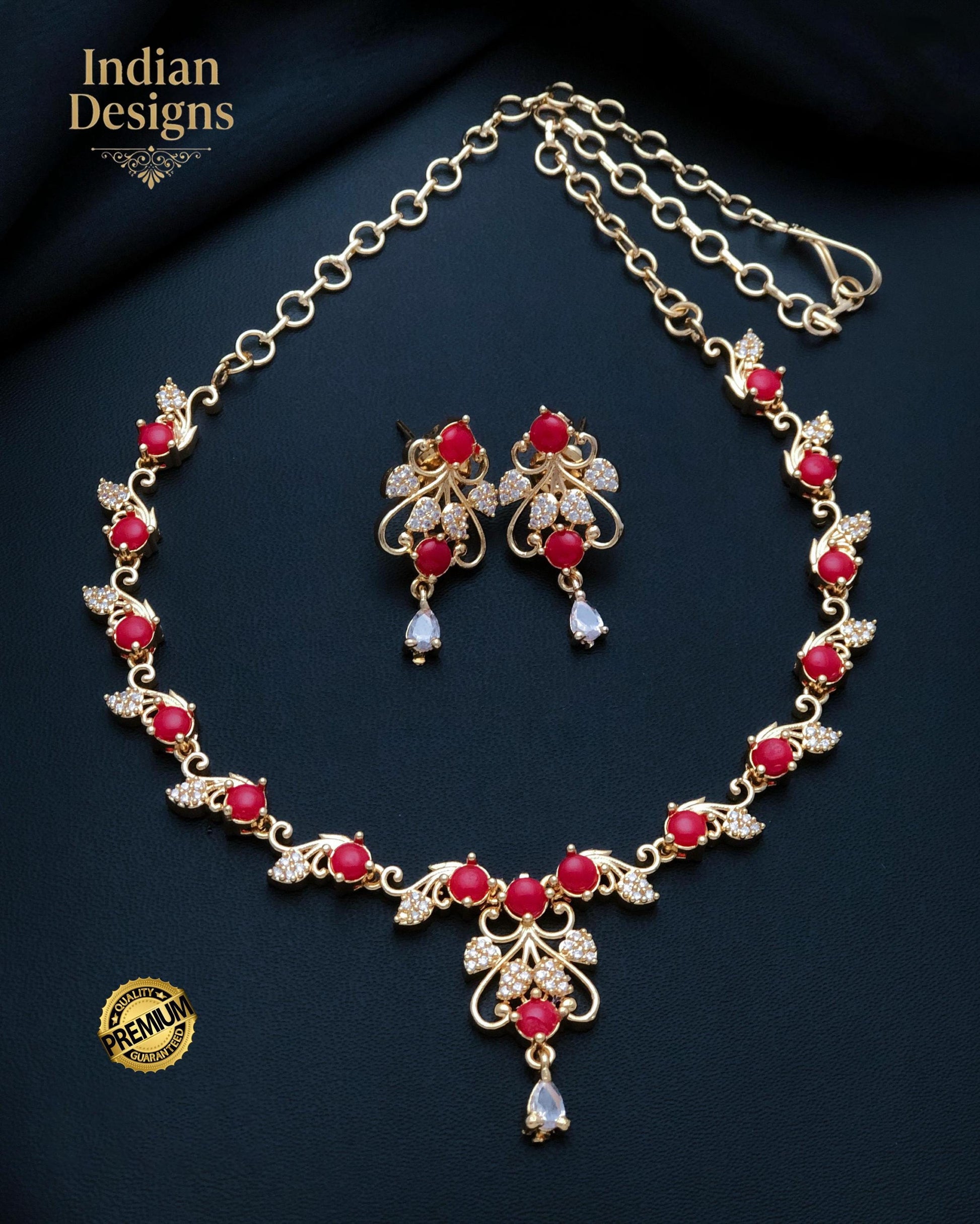 Gold Plated CZ Stone Floral Necklace Earring Set| Dainty Indian Jewelry| Statement choker set| Gift for her