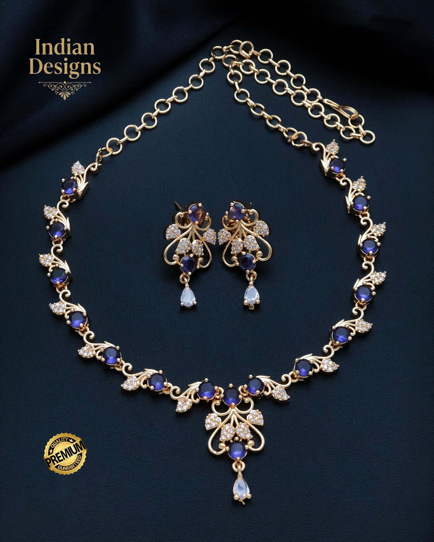 Gold Plated CZ Stone Floral Necklace Earring Set| Dainty Indian Jewelry| Statement choker set| Gift for her