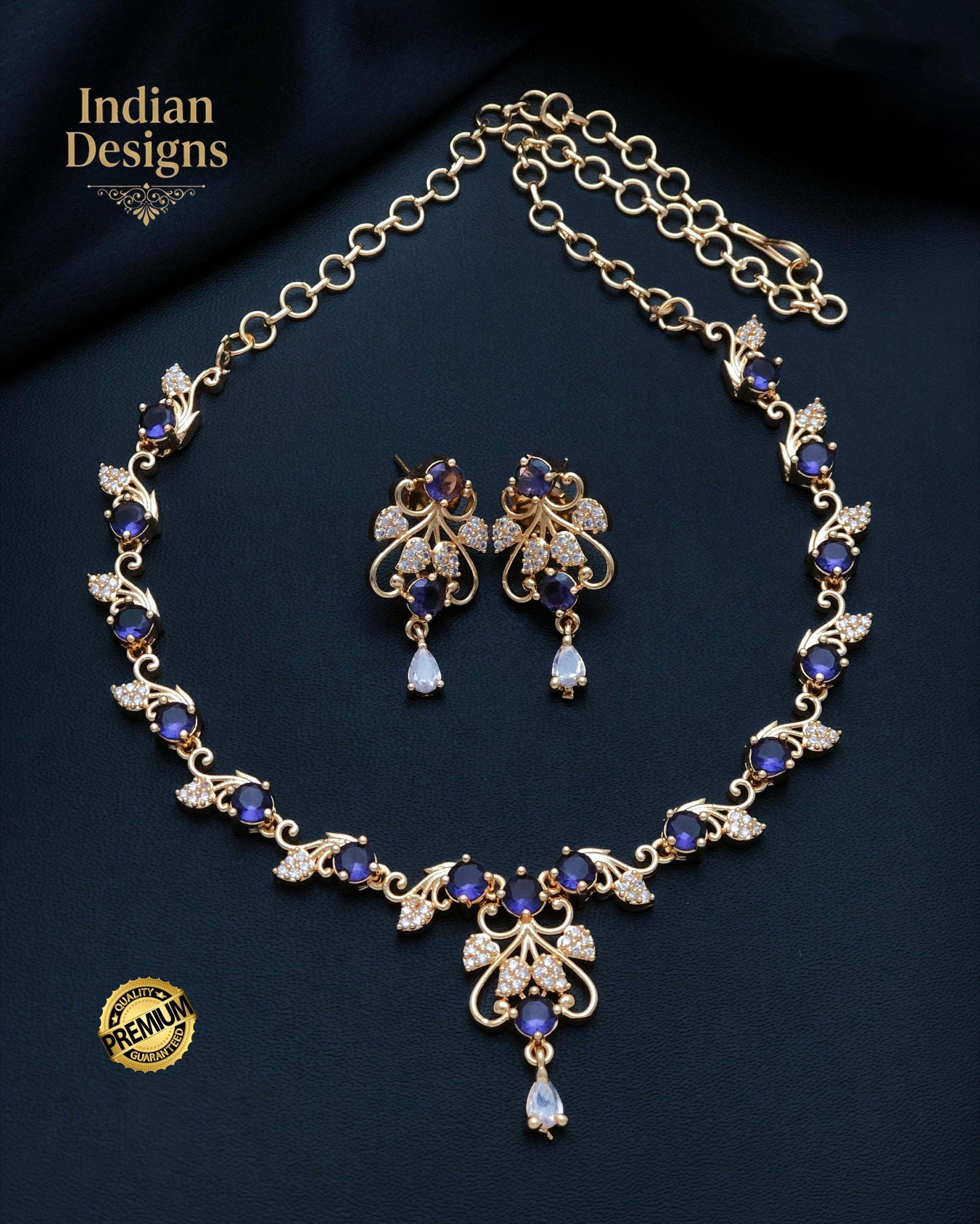 Gold Plated CZ Stone Floral Necklace Earring Set| Dainty Indian Jewelry| Statement choker set| Gift for her